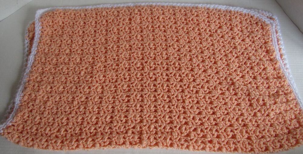 Handmade Crochet Baby Lap Blanket Afghan Throw Peach/White Metallic 30 x 28 EUC